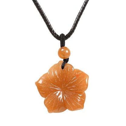 Justinstones Hand Carved Healing Crystals Gemstone Hawaii Flower Pendant Hand Weaving Wax Rope Necklace 22 inch - color: Orange Aventurine