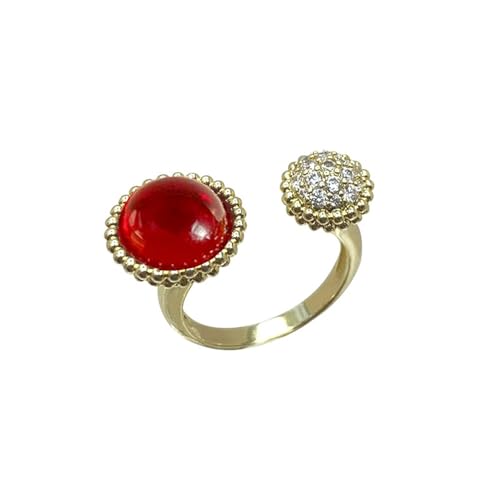 Round Red and Crystal Stone Statement Ring for Women Gold Plated Adjustable Expandable Retro CZ Open Wrap Finger Rings Comfort Fit Vintage Boho Wedding Christmas Anniversary Jewelry