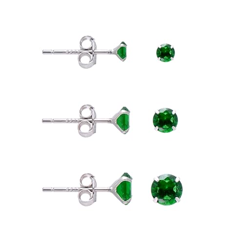 3 Pairs Color Zirconia Earrings Studs, Sterling Silver Studs Earrings Set 3MM 4MM 5MM - color: Green