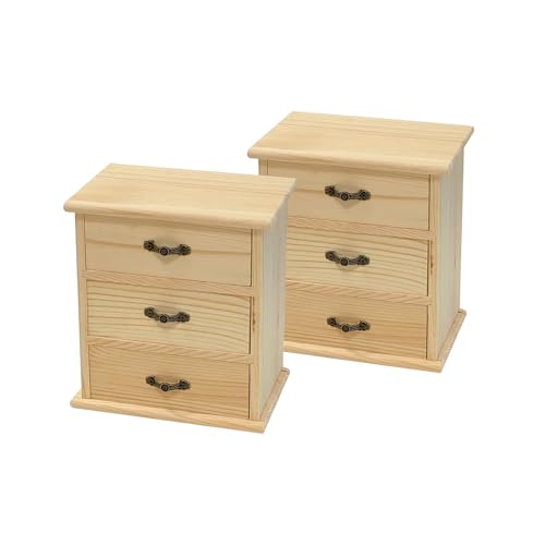 2 Pack Wooden box with 3 Mini Drawers for Jewellery,Unfinished Wood Surface Box, Small Wooden Organizer Storage Box for Arts Crafts DIY Project