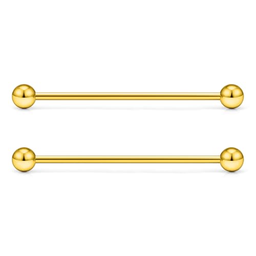 16G 14G Surgical Steel Tongue Rings Nipple Rings Industrial Piercing Jewelry Set Multi Size Straight Barbells 12mm 14mm 16mm 19mm 22mm 28mm 32mm 35mm 38mm 40mm 45mm for Women Men - color: goldtone, size: 14g,bar length 40mm