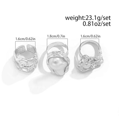 3/6 PCS Silver Chunky Pearl Rings Set for Women Gold Baroque Pearl Flower Open Ring Adjustable Crystal Large Ring Set Personalized Statement Knuckle Rings Fashion Costume Jewelry Accessories - color: silver