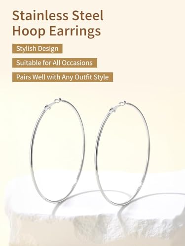 FindChic Thin Hoop Earrings for Women,Silver/Black/Gold Plated 20-100mm - color: Silver, size: 70mm