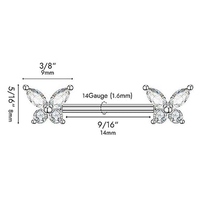 316L Stainless Steel Nipple Rings, Surgical Steel Nipple Bars, 14G Nipple Piercing Barbell, Sparkle Cubic Zircons CZ, Nipple Piercing Jewelry - color: Butterfly Silver CZ