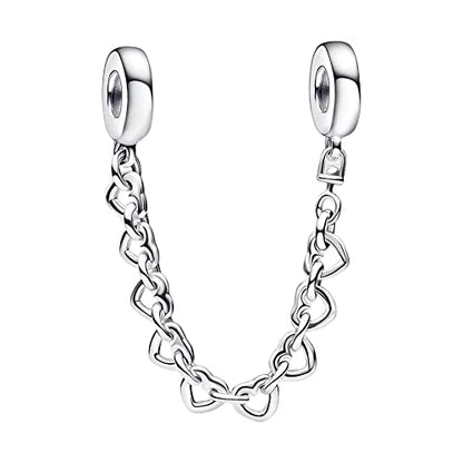 Love Heart Safety Chain Charm 925 Sterling Silver Pendant,Jewelry Beads Gifts for Women Bracelet&Necklace