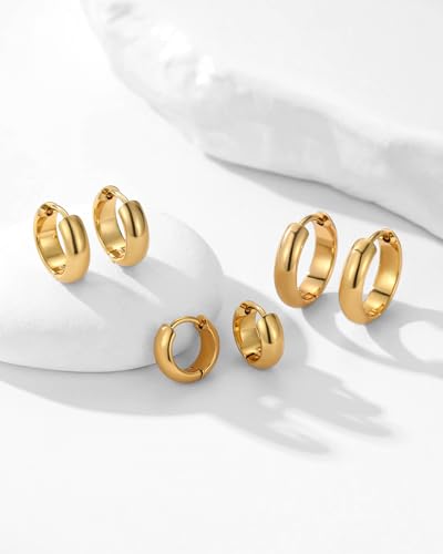 316L Surgical Stainless Steel 3Pairs 14K Gold Plated Hoop Earrings Set for Women Chunky Earring Hypoallergenic Small Huggie Hoops Lightweight Trendy Hoop Earrings Stacks for Multiple Piercing