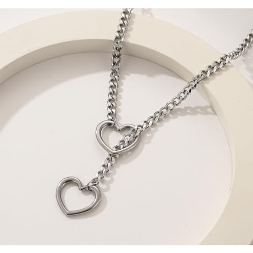 Heart O-ring Slip Chain Necklace For Women Handmade Punk Heart Slip Chain Choker Necklace Stainless Steel Cuban Chain Necklace Punk Rock Collar Necklace Adjustable Lariat Y Necklace ﻿ - color: Silver