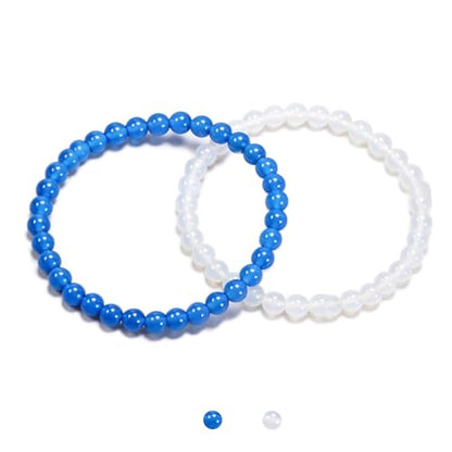 2PCS Agate Bracelet for Women Men Natural Round Beaded Agates Stone Healing Stretch Bracelets Elastic Handmade Polished Gemstone Beads Bracelet - color: White+Blue, size: 6mm Beads