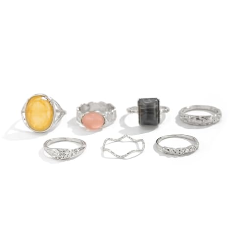 Rings for Women Colorful Chunky Rings Set Adjustable Thick Statement Ring for Women Trendy Dainty Stacking Ring Vintage Chunky Jewelry - style: B : 7PCS - S