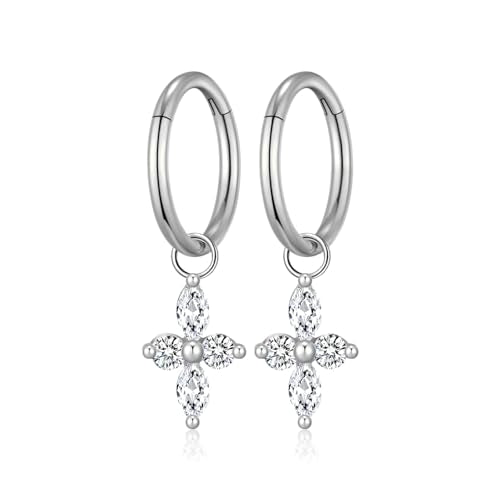 Ourania 16G Gold Stainless Steel Zircon Dangle Huggie Hoop Rook Piercing Helix Hoop Earring Tragus Hoop Cartilage Piercing for Women - color: Flower Silver 2PCS, size: 1.2*8mm 2pcs