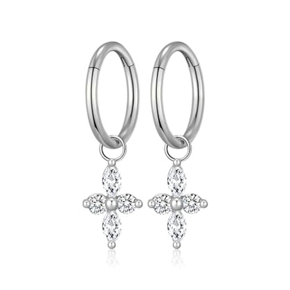 Ourania 16G Gold Stainless Steel Zircon Dangle Huggie Hoop Rook Piercing Helix Hoop Earring Tragus Hoop Cartilage Piercing for Women - color: Flower Silver 2PCS, size: 1.2*8mm 2pcs
