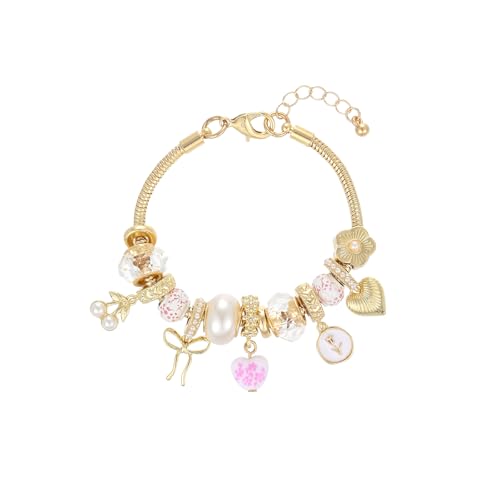 Charm Bracelet Gold Bracelets for Women Gifts | LOVE Heart Hollow Flower Bow Pink Green Square Gemstone Beaded Charm Bracelet Cute Adjustable Bracelet Jewelry - style: Pink Heart