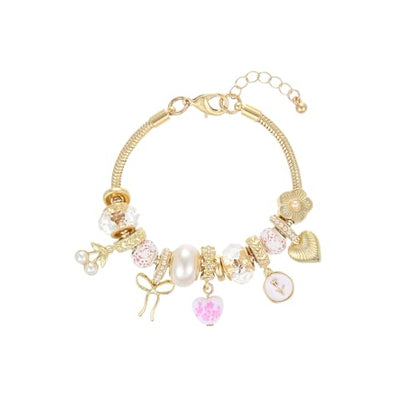 Charm Bracelet Gold Bracelets for Women Gifts | LOVE Heart Hollow Flower Bow Pink Green Square Gemstone Beaded Charm Bracelet Cute Adjustable Bracelet Jewelry - style: Pink Heart
