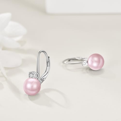 TIGER RIDER Pearl Earrings 925 Sterling Silver Leverback Hypoallergenic Drop Earring Jewelry for Women Birthday Gifts - style: Pink Pearl 2
