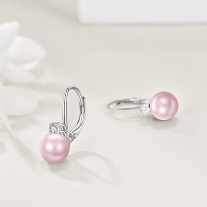 TIGER RIDER Pearl Earrings 925 Sterling Silver Leverback Hypoallergenic Drop Earring Jewelry for Women Birthday Gifts - style: Pink Pearl 2
