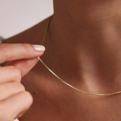 14K Gold Plated Chain Necklace for Women Trendy - 925 Sterling Silver Clasp | Waterproof Dainty Choker Necklace, 14/16/18/20 inch Thin Simple Box Figaro Chain Herringbone Necklace Jewelry for Women Men - color: Box