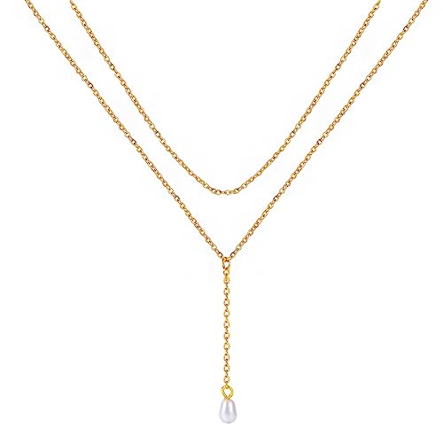2 PCS Layered Long Gold Necklace Set for Women 18K Gold Plated Dainty Lariat Y Necklaces