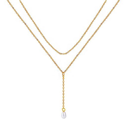 2 PCS Layered Long Gold Necklace Set for Women 18K Gold Plated Dainty Lariat Y Necklaces