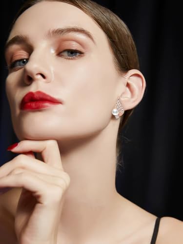 Yoursfs Pearl Clip On Earrings for Women 18K Rose Gold Plated Dainty Iced CZ Angel Wing Earring White Pearl Clip On Earring Non Pierced Earrings Jewelry