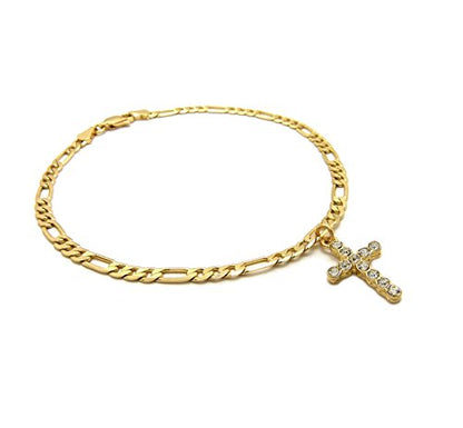 Fashion 21 Women's Cross, Ankh, Queen Nefertiti Piece 10 inches Figaro Chain Anklet Foot Bracelet in Gold Tone - style: Cross Piece / Figaro