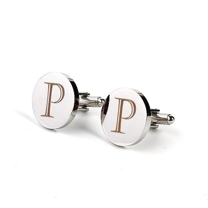 Mens Initial Silver Cufflinks A-Z Alphabet Letter Steel Cuff Links with Engraved Walnut Wood Box Groom Groomsman Wedding Set… - style: P