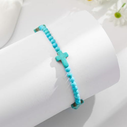 Starain Stone Beaded Anklets for Women Handmade Beach Turquoise Beads Ankle Bracelet Trendy Boho Cross Bead Anklet Jewelry 8 inch Adjustable - color: A