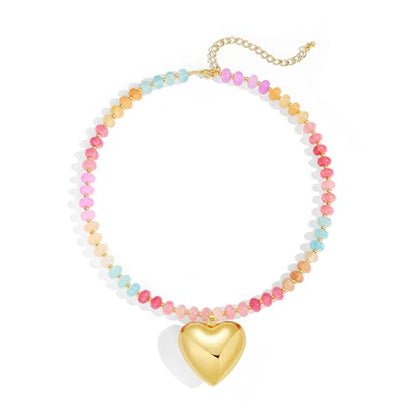 YUJIE Colorful Beaded Necklace for Women, Chunky Boho Choker with Large Gold Puffy Heart Pendant, Trendy Summer Beach Y2K Statement Jewelry Gift - color: heart
