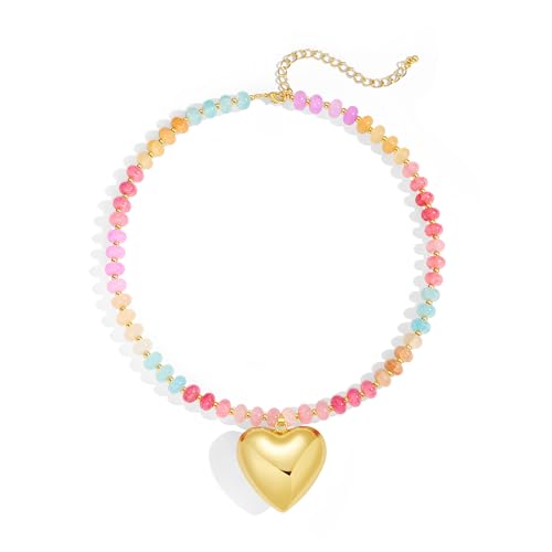 YUJIE Colorful Beaded Necklace for Women, Chunky Boho Choker with Large Gold Puffy Heart Pendant, Trendy Summer Beach Y2K Statement Jewelry Gift - color: heart