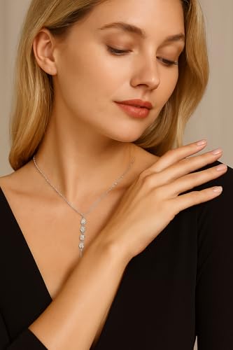 14K Gold Plated Y Necklace for Women – Dainty Lariat Long Pendant Chain, Layered Drop Necklace for V Neck Dress, Simple Sexy Cleavage Jewelry Gifts for Women - color: Silver - Single layer - Zircon