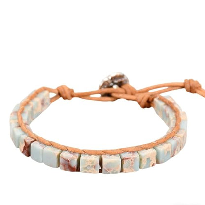 7 Chakra Bracelet Bohemian Handmade Leather Wrap Healing Protection Natural Stone Yoga Beaded Bracelets Boho Friendship Jewelry - color: Agalmatolite