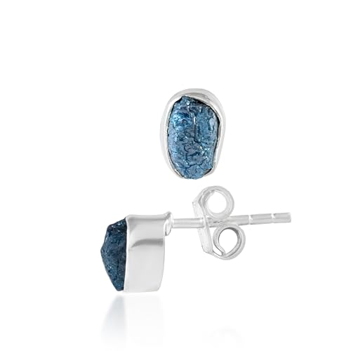 5 MM Natural Gemstone 925 Sterling Silver Hypoallergenic Studs Earrings Jewelry for Women Dainty Trendy Antiqued Silver Birthstone Earrings Jewelry Gifts for Women and Her - color: Blue Diamond