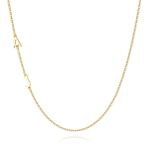 M MOOHAM Sideways Two Initial Necklaces for Women Girls Birthday Gifts | Dainty 14K Gold-Plated, Custom Initial Necklace, Letter Necklace Jewelry, Birthday Gifts for Women Wife Mom Sister Friends - color: initial A & initial J