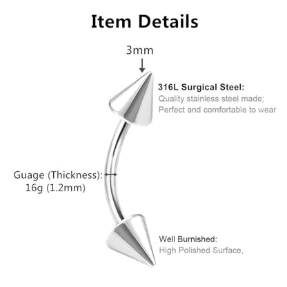 Bulk 20pc 16G Surgical Steel Curved Barbell 6mm-14mm Eyebrow Bar Ball Cone Ring Ear Piercing Jewelry Set - color: Shape: Cone, size: Bar Length: 6mm
