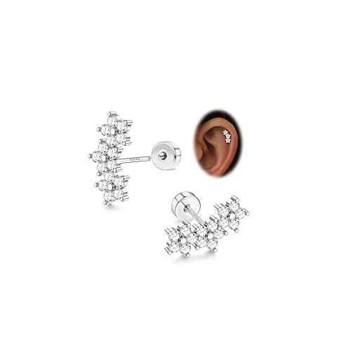 925 Sterling Silver Flat Back Stud Earrings for Women Hypoallergenic | 14K Gold Plated Cartilage Earrings for Sensitive Ears | Leaf Flower CZ Helix Tragus Piercing Jewelry - color: S-Flower Style