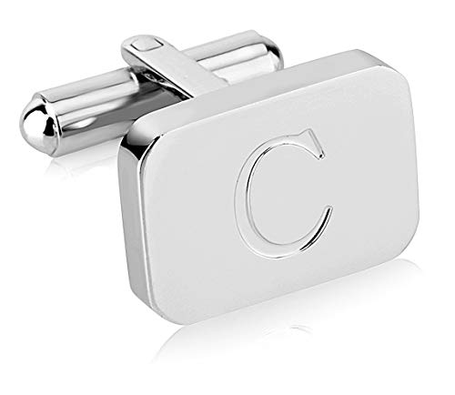 18K White-Gold Plated Initial Engraved Stainless Steel Men’s Cufflinks With Gift Box -Personalized Alphabet Letter’s A-Z By Lux & Pair - style: C- White Gold