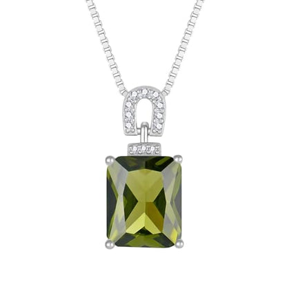 Emerald Cut Birthstone Necklace for Women 925 Sterling Silver | Baguette Birthstone Pendant Necklace, Jewelry for Mom Wife - color: Olive Green