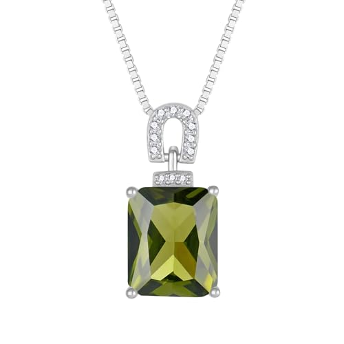 Emerald Cut Birthstone Necklace for Women 925 Sterling Silver | Baguette Birthstone Pendant Necklace, Jewelry for Mom Wife - color: Olive Green