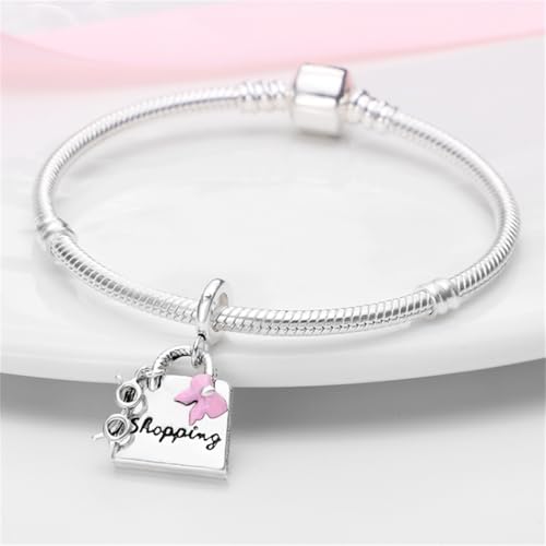 HONGRUI 925 Sterling Silver Charm for Bracelets Fashion Women Jewelry Gift - color: Pink bag