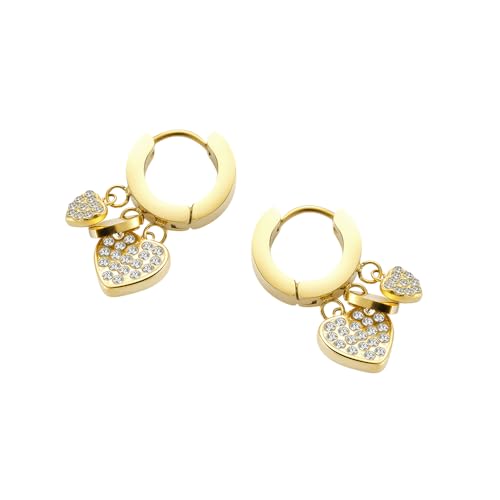 Women's Huggie Hoop Earrings with Small Cute Charm - style: Gold Two Hearts CZ
