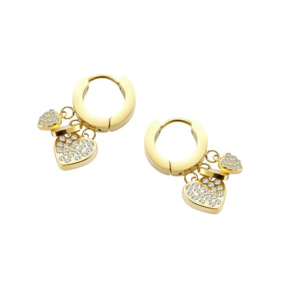 Women's Huggie Hoop Earrings with Small Cute Charm - style: Gold Two Hearts CZ