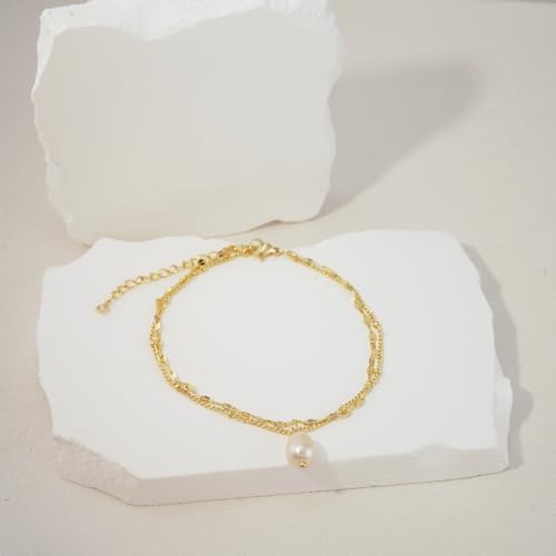 NIXMAX Gold Anklets for Women, Waterproof Chain Trendy Ankle Bracelets | Non Tarnish, Adjustable Fit, 14K Gold Plated, Dainty Layered Looks, Summer Beach Vacation Body Jewelry, Gifts for Women - color: Gold-Pearl