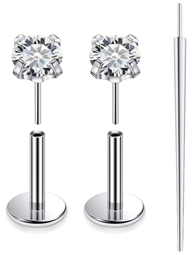 20G 18G 16G F136 Titanium Threadless Flat Back Earrings Nose Studs Tragus Forward Helix Conch Cartilage Lobe Earrings Medusa Labret Snake Bite Monroe Lip Ring Piercing Jewelry For Women Men - size: 16G-6MM Bar-CZ 3MM