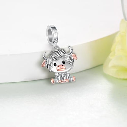 Cute Animals Charms 925 Sterling Silver Highland Cow/Dragon/Axolotl/Raccoon/Whale/Turtle/Cardinal/Hummingbird Charms for Bracelets for Women Cute Animal Charm Beads for Jewelry Making - style: Highland Cow Charm