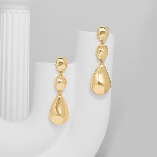 Gold Dangle Earrings for Women,Chunky 14K Gold Plated Drop Dangle Stud Earrings Long Statement Hammered Earring Hypoallergenic Jewelry for Women Gifts - style: Teardrop-GD
