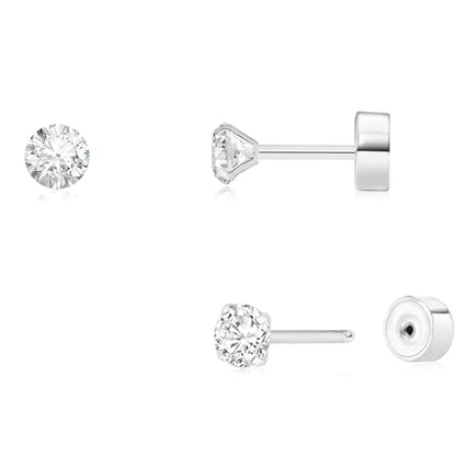 Threadless Flat Back Earrings, Hypoallergenic 14K Real Gold Plated CZ Stud Earrings | Cartilage Earring | Tragus Helix Piercing Jewelry | Push in Flatback Earrings for Women Men - color: Silver, size: 2 Millimeters