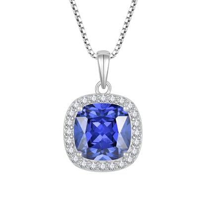 Birthstone Necklace for Women 925 Sterling Silver Princess Cut Halo Necklace Pendant Jewelry for Mom Wife - color: Navy Blue