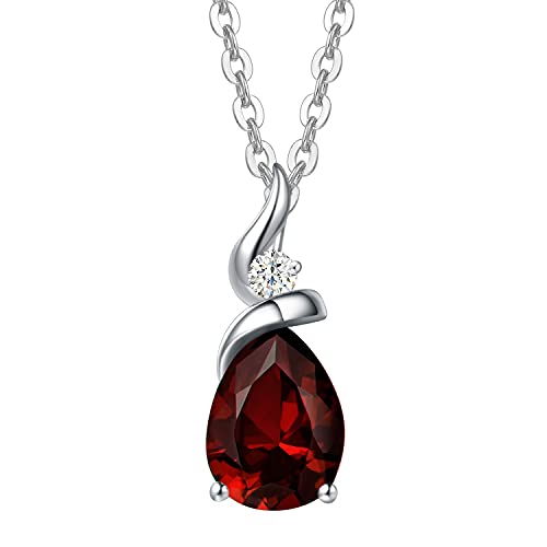 FANCIME 14K Solid White Gold Birthstone Pendant Necklace for Women with Diamond Pear Shaped Teardrop Necklace Birthday Gifts for Mom Women,Sterling Silver Chain 16" + 2" Extender - color: 01-Garnet