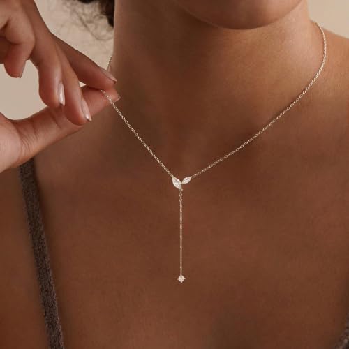 Gold Necklace for Women - Dainty Long Lariat Necklace 14K Gold Plated Clover Star Teardrop CZ Y Shaped Drop Necklaces Cute Long Necklaces for Women Trendy Prom Formal Womens Jewelry - color: Silver PJ Drop