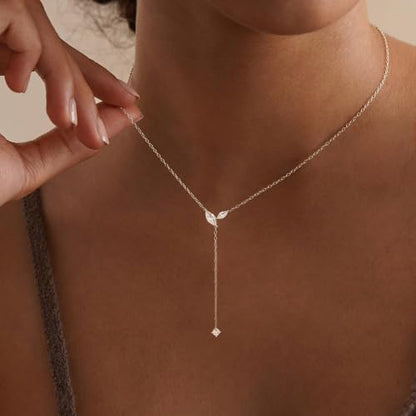 Gold Necklace for Women - Dainty Long Lariat Necklace 14K Gold Plated Clover Star Teardrop CZ Y Shaped Drop Necklaces Cute Long Necklaces for Women Trendy Prom Formal Womens Jewelry - color: Silver PJ Drop