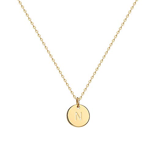 Valloey Rover Initial Necklaces for Women 14K Gold Plated Dainty Letter Necklce Round Coin Disc Pendant Double Side Engraved A-Z Necklace Personalized Jewelry Gift for Women - color: N